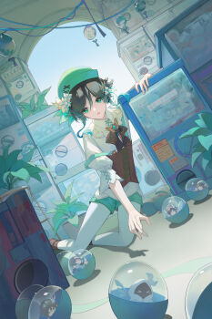 1boy absurdres androgynous ayanon_ite barbatos_(genshin_impact) beret black_hair blue_hair bow braid brooch collared_shirt commentary_request corset demon_horns demon_wings dutch_angle feathered_wings flower frilled_sleeves frills gacha_(game_mechanic) gashapon gem genshin_impact gradient_hair green_eyes green_hat green_shorts hair_flower hair_ornament hat hat_flower highres horns indoors jewelry leaf long_sleeves looking_at_viewer male_focus multicolored_hair open_mouth pantyhose shirt short_hair_with_long_locks shorts side_braids sidelocks solo twin_braids venti_(genshin_impact) white_flower white_pantyhose white_shirt white_wings wings