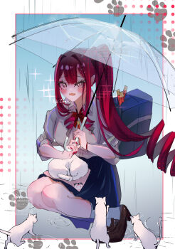 1girl bag baobhan_sith_(fate) black_skirt blue_background blush border bracelet breasts brown_footwear cat fate/grand_order fate_(series) full_body grey_eyes highres holding holding_umbrella jewelry long_hair looking_at_viewer nail_polish open_mouth pointy_ears ponytail rain red_hair red_nails school_bag school_uniform shirt sidelocks skirt solo squatting transparent transparent_umbrella umbrella white_border white_cat white_shirt zumiki