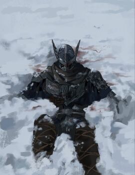1boy armor bl1ghtr3aver black_scarf blue_shirt breastplate commentary elden_ring elden_ring_nightreign english_commentary feet_out_of_frame helmet highres male_focus pants scarf shirt snow solo winged_helmet wylder_(elden_ring)