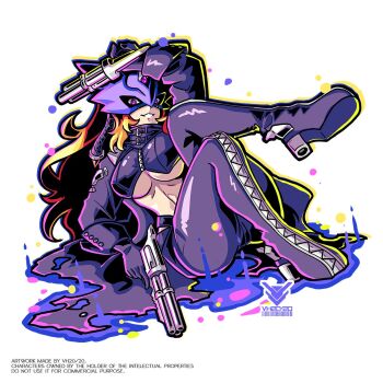 1girl beelstarmon black_coat black_jacket black_pants blonde_hair breasts coat cropped_jacket digimon digimon_(creature) dual_wielding eye_mask full_body gun highres holding holding_gun holding_weapon jacket long_hair mask pants purple_eyes simple_background solo third_eye trigger_discipline underboob vistahero weapon white_background