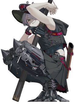 Rule 34 | 1girl, absurdres, arm up, black gloves, black skirt, bracelet, cyborg, full body, gloves, green eyes, hat, highres, holding, jewelry, mechanical legs, original, parted lips, partially fingerless gloves, peaked cap, pleated skirt, sharp teeth, sheath, short hair, simple background, single glove, skirt, smile, solo, spiked bracelet, spikes, squatting, teeth, white background, white hair, yunimaru