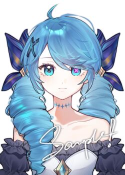 1girl :3 ahoge bare_shoulders black_shirt blue_bow blue_eyes blue_gemstone blue_hair blue_tattoo bow bright_pupils chinese_commentary closed_mouth collarbone commentary_request commission diamond_(shape) drill_hair gem gwen_(league_of_legends) hair_bow hair_ornament hair_over_shoulder league_of_legends long_hair looking_at_viewer mihuashi_commission mismatched_pupils neck_tattoo off-shoulder_shirt off_shoulder pink_pupils puffy_sleeves sample_watermark shirt side_part simple_background solo star-shaped_pupils star_(symbol) straight-on sundayxiye symbol-shaped_pupils tattoo twin_drills upper_body variant_set watermark white_background x-shaped_pupils x_hair_ornament