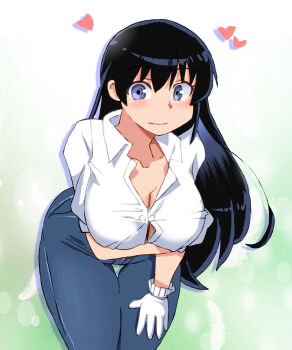 1girl arato_nagi arm_under_breasts black_hair blue_eyes blue_pants blush breasts cleavage collarbone denim feathers gloves gradient_background green_background hand_on_own_thigh heart holding_own_arm jeans large_breasts leaning_forward long_hair looking_at_viewer onnaski pants ruri_no_houseki shirt short_sleeves smile standing white_gloves white_shirt wide_hips