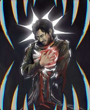Rule 34 | 1boy, amputee, beard, black hair, bleeding, blood, chromatic aberration, closed eyes, commentary, cowboy shot, english commentary, facial hair, furrowed brow, hands on own chest, head down, high collar, highres, iron lung (movie), male focus, quinnickly, short hair, simon (iron lung), solo, tunic