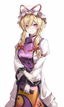 Rule 34 | 1girl, absurdres, blush, closed mouth, dress, elbow gloves, folded fan, folding fan, gloves, hair between eyes, hair bun, hair ribbon, hand fan, hand on own arm, hat, hat ribbon, highres, holding, holding fan, long hair, long sleeves, looking at viewer, mob cap, orchid (orukido), purple tabard, revision, ribbon, sidelocks, smile, solo, tabard, touhou, white background, white dress, white gloves, yakumo yukari