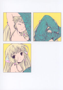 00s 1girl blonde_hair chii chobits clamp clamp_(circle) comic highres long_hair looking_at_viewer official_art portrait postcard_(medium) silent_comic sweater undressing very_long_hair