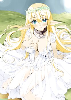1girl absurdres bare_legs barefoot blonde_hair blue_eyes blush breasts collar collarbone colorized covered_erect_nipples dot_nose dress elf feet female_focus head_wreath highres huge_breasts isekai_maou_to_shoukan_shoujo_no_dorei_majutsu large_breasts legs long_hair long_skirt looking_at_viewer no_bra novel_illustration official_art open_mouth overskirt pointy_ears see-through_clothes see-through_skirt sexually_suggestive shera_l._greenwood short_sleeves sitting skirt slave sleeveless sleeveless_dress solo solo_focus thighs toes tsurusaki_takahiro very_long_hair wedding_dress white_dress white_skirt