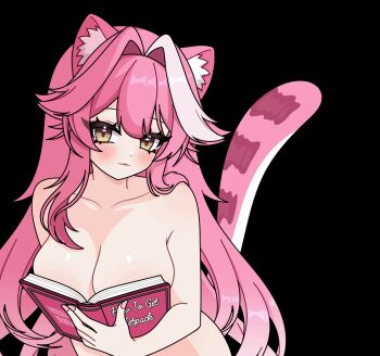 1girl animal_ears animated animated_gif blinking blush book breasts cleavage closed_mouth collarbone commentary completely_nude covering_breasts covering_privates ear_wiggle english_commentary english_text eyelashes eyeshadow fingernails hair_intakes hair_over_shoulder highres holding holding_book hololive hololive_english large_breasts long_hair looking_at_viewer looping_animation makeup minhart multicolored_hair nail_polish nude panther_ears panther_girl panther_tail pink_eyeshadow pink_hair pink_lips pink_nails pink_tail raora_panthera smile solo streaked_hair tail tail_wagging transparent_background two-tone_hair virtual_youtuber white_background winking_(animated) yellow_eyes