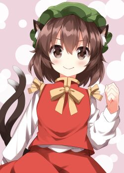 1girl animal_ear_fluff animal_ears blush brown_eyes brown_hair cat_ears cat_girl cat_tail chen clenched_hand closed_mouth commentary_request green_hat hair_between_eyes hand_up hat highres long_sleeves looking_at_viewer mob_cap multiple_tails neck_ribbon pink_background red_skirt red_vest ribbon ruu_(tksymkw) shirt short_hair skirt skirt_set smile solo tail touhou two_tails upper_body vest white_shirt yellow_ribbon