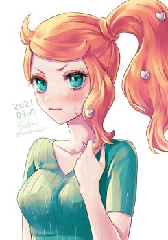 Rule 34 | 1girl, 2021, aqua eyes, aqua shirt, blush, breasts, collarbone, dated, hair ornament, hand up, heart, heart hair ornament, highres, medium breasts, nintendo, no coat, no eyewear, orange hair, pokemon, pokemon swsh, ribbed shirt, sakai (motomei), shirt, side ponytail, side ponytail with hair base, solo, sonia (pokemon), sweatdrop, swept bangs, twirling hair, upper body, v-neck, v-shaped eyebrows