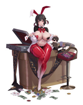 1girl absurdres animal_ear_hairband animal_ears animal_print badge banknote black_hair black_shrug blush bow bowtie breasts briefcase button_badge card character_doll chinese_commentary club_hair_ornament coin colored_inner_hair commander_(nikke) commentary_request diamond_brooch doll earpiece fake_animal_ears frontless_outfit full_body goddess_of_victory:_nikke gold_coin hair_between_eyes hair_ornament hairband heart_maebari high_heels highres hiphighs holding holding_card hui_z_jie large_breasts latex_shrug leggings looking_at_viewer maebari mismatched_pasties money multicolored_hair navel off_shoulder official_alternate_costume open_clothes open_shirt parted_lips pasties playboy_bunny playing_card poker_chip poker_table rabbit_ear_hairband rabbit_ears rabbit_print red_bow red_bowtie red_hair red_hiphighs red_leggings reverse_bunnysuit reverse_outfit rouge_(nikke) rouge_(unlucky_rabbit)_(nikke) shadow shirt shoes short_hair shrug_(clothing) sidelocks simple_background sitting skindentation smile solo spade_pasties stomach stool table thigh_strap two_side_up white_background white_shirt white_shoes yellow_eyes