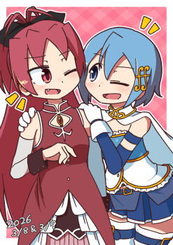 Rule 34 | 2girls, belt, blue belt, blue eyes, blue hair, blue skirt, buttons, cape, commentary, dated, detached sleeves, dress, fortissimo, gloves, hair between eyes, hair ornament, hairclip, hand on another's arm, hand on another's shoulder, highres, hiyashi macaron, long hair, mahou shoujo madoka magica, mahou shoujo madoka magica (anime), miki sayaka, miki sayaka (magical girl), multiple girls, musical note, musical note hair ornament, ponytail, red dress, red eyes, red hair, sakura kyoko, sakura kyoko (magical girl), short hair, shout lines, skirt, thighhighs, white cape, white gloves, white thighhighs