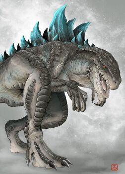 claws commentary_request fangs giant giant_monster godzilla_(series) godzilla_the_series iguana kaiju kinoshita_itaru lizard monster no_humans open_mouth orange_eyes scales sharp_teeth spikes spines tail teeth underbite zilla