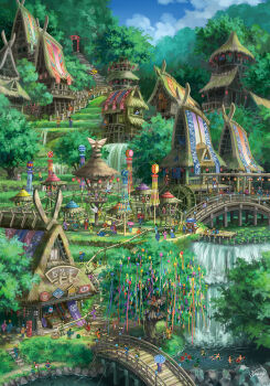 6+boys 6+girls aircraft architecture balloon banner bird blue_sky bridge building clothesline cloud day fantasy fence fishing fishing_rod flag flower forest grass hat highres house lantern multiple_boys multiple_girls nagashi_soumen nature no_humans original outdoors pennant plant qixi_festival railing river road rock scenery sign signature sky stairs string_of_flags summer tanabata tree village water watercraft waterfall windmill wooden_fence yukoiwase