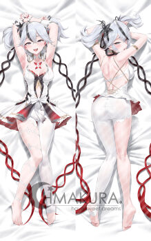 1girl armpits arms_up ass asymmetrical_clothes barefoot black_eyes black_flower blake_bloom_(wuthering_waves) blush breasts camellya_(wuthering_waves) clothing_cutout collar collarbone commentary dakimakura_(medium) dress feet flower from_above hair_between_eyes hair_flower hair_ornament hair_vines looking_at_viewer median_furrow medium_breasts nail_polish navel on_bed open_mouth pants red_nails red_pupils rkin short_hair shoulder_blades single_pantsleg smile soles stomach_cutout tacet_mark_(wuthering_waves) toes white_collar white_dress white_hair white_pants wuthering_waves