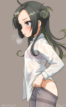 1girl ahoge black_hair green_hair hair_bun kantai_collection long_hair makinami_(kancolle) multicolored_hair pantyhose ray.s shirt simple_background solo white_shirt