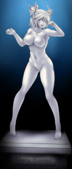 1girl 2014 barefoot breasts character_name cheria_barnes cleavage cleft_of_venus clenched_hands collarbone colored_eyelashes colored_nipples colored_sclera colored_skin completely_nude contrapposto english_text female_focus full_body gluteal_fold gradient_background grey_hair grey_nipples grey_sclera grey_skin grey_tongue groin hair_ornament hands_up legs_apart looking_to_the_side navel ningyoushi nipples no_irises no_pupils nude open_mouth pedestal petrification pigeon-toed pupiless_eyes pussy raised_eyebrows short_hair short_twintails sidelocks solid_eyes solo standing statue stone_skin tales_of_(series) tales_of_graces teeth tongue transformation twintails w_arms