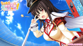 1girl armband black_hair black_hat blush breasts cape collared_shirt copyright_name dutch_angle hat ichinose_rukina jacket lapels large_breasts long_hair long_sleeves love_of_ren'ai_koutei_of_love! microphone neck_ribbon notched_lapels official_art oozora_itsuki open_mouth outdoors plaid_clothes plaid_skirt red_armband red_eyes red_ribbon red_skirt ribbon school_uniform shirt skirt solo standing star_(symbol) v v-shaped_eyebrows v_over_eye white_cape white_shirt wing_collar yellow_jacket