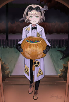 Rule 34 | 1boy, alternate costume, biohazard symbol, black bow, black bowtie, black gloves, black pants, blonde hair, blue eyes, bob cut, bow, bowtie, brown shoes, coat, collared shirt, commentary, doorway, english commentary, ezra theodore, fence, full body, gloves, goggles, goggles on head, grass, highres, holding, holding pumpkin, lab coat, looking at viewer, male focus, night, object through head, pants, procreate (medium), pumpkin, reverse:1999, sandkessho, screw in head, shirt, shoes, short hair, sky, smile, solo, stairs, traditional bowtie, white coat, white shirt, wooden fence