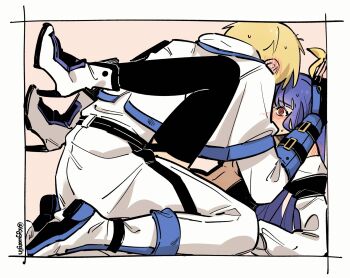 1boy 1girl @_@ blonde_hair blue_hair blush dizzy_(guilty_gear) guilty_gear hetero highres ky_gwangin ky_kiske stuck_in_a_box