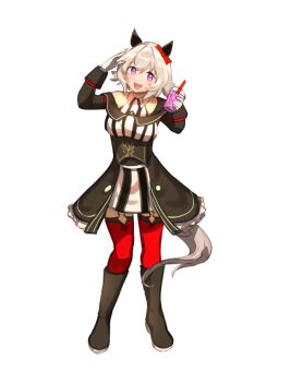 Rule 34 | 1girl, animal ears, bare shoulders, black boots, blush, boots, bow, breasts, cup, curren chan (fille eclair) (umamusume), curren chan (umamusume), disposable cup, dress, ear bow, ear covers, full body, gloves, grey hair, hair between eyes, holding, holding cup, horse ears, horse girl, horse tail, long sleeves, looking at viewer, martypcsr, medium breasts, off-shoulder dress, off shoulder, open mouth, purple eyes, red bow, red thighhighs, short hair, simple background, smile, solo, striped clothes, striped dress, tail, thighhighs, umamusume, vertical-striped clothes, vertical-striped dress, white background, white gloves