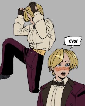 1girl bentaecool blonde_hair blue_eyes bow bowtie breasts earrings female_focus formal_clothes gloves jewelry king_(snk) large_breasts open_mouth pale_skin pants shirt short_hair suit taedaartist the_king_of_fighters tuxedo white_shirt