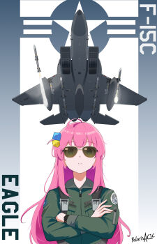 1girl absurdres ahoge aircraft airplane arm_pouch aviator_sunglasses blue_eyes bocchi_the_rock! buckle chinese_commentary closed_mouth commentary_request crossed_arms cube_hair_ornament expressionless f-15_eagle f16cblock50 fighter_jet firing flight_suit from_below gotoh_hitori green_shirt hair_ornament highres long_hair long_sleeves looking_at_viewer military_vehicle missile patch pink_hair roundel shirt shoulder_patch sidelocks solo straight-on strap sunglasses united_states_air_force upper_body vehicle_name watch wristwatch zipper_pull_tab