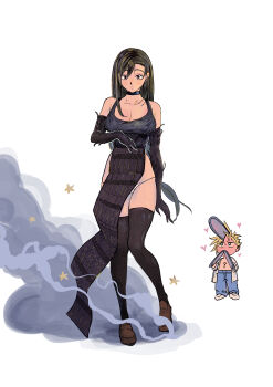1boy 1girl absurdres bare_shoulders black_choker black_dress black_gloves black_hair black_thighhighs blonde_hair blue_pants blush breasts brown_shoes chainsaw chainsaw_man choker closed_mouth cloud_strife collarbone commentary cosplay denim denji_(chainsaw_man) denji_(chainsaw_man)_(cosplay) dress dust_cloud earrings elbow_gloves english_commentary final_fantasy final_fantasy_vii final_fantasy_vii_remake full-face_blush full_body gloves hair_behind_ear heart highres hugo_artist jeans jewelry large_breasts long_hair looking_at_another looking_at_self panties pants red_eyes reze_(chainsaw_man) reze_(chainsaw_man)_(cosplay) shoes short_hair single_earring sleeveless sleeveless_dress spiked_hair standing star_(symbol) thighhighs tifa_lockhart underwear white_background white_panties