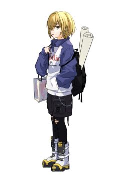 1boy backpack bag black_bag black_leggings black_shorts blonde_hair blue_hood blue_sleeves boots clothes_writing drawstring from_side full_body green_eyes hair_intakes hair_ornament hair_over_one_eye hairclip hand_in_pocket highres holding_strap hood hood_down hoodie lace-up_boots leggings long_sleeves looking_at_viewer male_focus nijisanji no_headwear no_jacket paper_bag parted_lips pocket print_hoodie raglan_sleeves rolled_up_paper shoelaces shopping_bag short_hair shorts simple_background sleeves_past_wrists solo standing torn_clothes torn_leggings uzuki_kou uzuki_kou_(5th_costume) virtual_youtuber wallet_chain white_background white_boots white_hoodie wolf_cut yy_s2fa zipper
