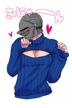 1boy blue_sweater chest_hair chosen_undead commentary_request dark_souls_(series) dark_souls_i heart helm helmet long_sleeves male_focus open-chest_sweater pectoral_cleavage pectorals simple_background solo suou_yuuchi sweater upper_body white_background