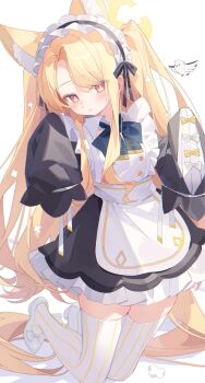 1girl absurdres animal_ear_fluff animal_ears apron bird blonde_hair blue_archive blush bow bowtie closed_mouth commentary dress fox_ears fox_girl fox_tail halo hashtag-only_commentary highres kneeling long_hair long_sidelocks looking_at_viewer maid_apron maid_headdress seia_(blue_archive) sidelocks simple_background sleeves_past_fingers sleeves_past_wrists solo striped_clothes striped_thighhighs tail thighhighs tit_(bird) white_background yellow_eyes yellow_halo yunweishukuang