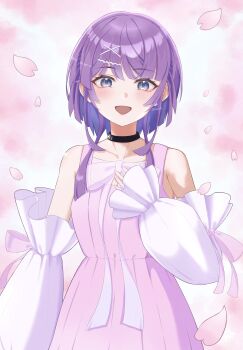 Rule 34 | 1girl, agarie nagi, aziazi014, black collar, blue eyes, collar, detached sleeves, dress, hair ornament, hairclip, hand on own chest, highres, looking at viewer, open mouth, pink dress, pink petals, purple hair, see-through bowtie, shine post, solo, sparkle, twitter username