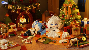 2girls :d ahoge apple armchair azur_lane bag bare_shoulders bell blue_eyes blue_hair blush boots bottle bow candle carrot chair christmas christmas_lights christmas_ornaments christmas_present christmas_stocking christmas_tree christmas_wreath commentary company_name confetti cookie copyright_logo copyright_notice cork cup curtains cushion dress easy_chair elbow_gloves english_commentary fingerless_gloves fire fireplace food fork fruit garland_(decoration) gift gloves hair_ornament hairclip hand_on_own_stomach handbag happy hat highres holly indoors jar lantern lena_(azur_lane) little_illustrious_(azur_lane) logo looking_at_viewer manjuu_(azur_lane) marshmallow800 mary_janes multiple_girls official_art on_cushion open_mouth origami pantyhose paper_crane parallel_hairclips pinecone red_bow ribbon rug santa_hat scarf scissors second-party_source see-through_clothes see-through_sleeves shoes shoulder_strap sitting sleeping sleeveless sleeveless_dress smile snowman spill string string_of_flags table tea teacup teapot teeth thighhighs throwing tray upper_teeth_only wariza white_bow white_dress white_hair white_hat white_pantyhose wooden_floor wooden_table wrapping_paper wreath yellow_bow