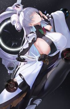 1girl absurdres bead_bracelet beads black_pantyhose black_skirt blue_hair bow bow-shaped_hair bracelet breasts colored_eyelashes colored_inner_hair commentary detached_sleeves empty_eyes furisode_sleeves goddess_of_victory:_nikke grey_eyes grey_hair hair_bow half_updo halo highres huge_breasts jewelry large_breasts light_blush long_hair looking_at_viewer mechanical_arms mechanical_halo mole mole_on_breast multicolored_hair nayuta_(nikke) nevin_(flyskying) one_eye_closed pantyhose sideboob sideless_outfit single_detached_sleeve single_mechanical_arm skirt solo thick_eyelashes very_long_hair white_hair