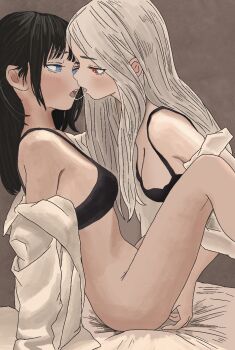 2girls after_kiss black_bra black_hair blue_eyes blush bottomless bra brown_background clipse commentary fingering highres long_hair multiple_girls on_bed open_clothes open_mouth open_shirt original red_eyes saliva saliva_trail shirt underwear white_hair white_shirt yuri
