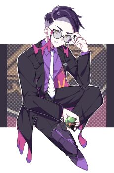 Rule 34 | 1boy, absurdres, adjusting eyewear, black coat, black hair, black pants, black shoes, coat, collared shirt, commentary request, corbeau (pokemon), crossed legs, dusk ball, glasses, highres, holding, holding poke ball, male focus, necktie, nintendo, open clothes, open coat, outline, owada 1412, pants, poke ball, pokemon, pokemon legends: z-a, purple shirt, round eyewear, shirt, shoes, short hair, sitting, solo, white necktie, yellow eyes