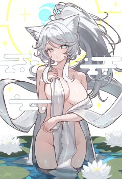 1girl absurdres animal_ear_fluff animal_ears bare_shoulders breasts cleavage ebora egasumi flower hagoromo highres large_breasts long_hair looking_at_viewer lotus lotus_pod lunacia_(nyanko_daisensou) nyanko_daisensou open_mouth ribbon shawl solo standing wading water white_hair white_ribbon