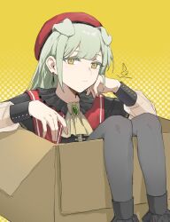 1girl :| animal_ears arm_rest ascot bang_dream! bang_dream!_it&#039;s_mygo!!!!! beret black_capelet black_collar black_pantyhose black_sleeve_cuffs black_socks box capelet cardboard_box closed_mouth collar dog_ears dog_girl earrings expressionless feet_out_of_frame frilled_collar frilled_socks frills green_brooch green_hair hair_between_eyes hand_on_own_cheek hand_on_own_face hands_up hat highres in_box in_container jewelry kemonomimi_mode knees_up looking_at_viewer mortis_(bang_dream!) mortis_(costume)_(bang_dream!) no_mask pantyhose polka_dot polka_dot_background red_capelet red_hat see-through_clothes see-through_sleeves sidelocks single_earring sitting socks solo striped_capelet swept_bangs wakaba_mutsumi yellow_ascot yellow_background yellow_eyes zx277x