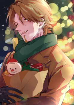 1boy absurdres black_gloves brown_coat brown_eyes brown_hair christmas coat commentary_request facial_hair gloves goatee green_scarf helios_rising_heroes highres jay_kidman long_sleeves looking_ahead male_focus nekoma_hikaru open_mouth scarf short_hair solo
