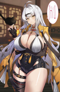 1girl absurdres ahoge arm_under_breasts asymmetrical_gloves between_breasts bird bird_on_hand black_bird black_gloves black_shorts black_thighhighs blunt_bangs blurry blurry_background blush breasts cleavage coin coin_on_string collared_shirt commentary_request cropped_jacket fingerless_gloves gloves gold_trim hair_ornament hand_up head_tilt heart high-waist_shorts highres huiqie indoors jacket lantern large_breasts long_hair long_sleeves looking_at_viewer mole mole_on_breast parted_lips shirt shorts sidelocks single_fingerless_glove single_hair_intake single_thighhigh solo spoken_heart standing string tassel thighhighs thighs uneven_gloves very_long_hair white_hair white_shirt yellow_eyes yellow_jacket yin_yang_pin yixuan_(zenless_zone_zero) zenless_zone_zero