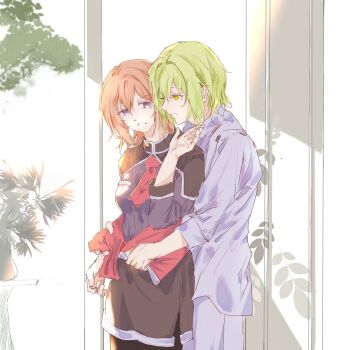 1boy 1girl ao_no_kiseki black_thighhighs double-parted_bangs eiyuu_densetsu green_hair hair_between_eyes highres hug hug_from_behind indoors necktie noel_seeker orange_hair parted_lips pencil_skirt police police_uniform purple_eyes red_necktie short_hair skirt smile thighhighs wazy_hemisphere window yellow_eyes yingkongji1 zero_no_kiseki