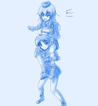 Rule 34 | 2girls, character request, commentary request, garrison cap, girls und panzer, girls und panzer phase erika, haiiro purin, hat, itsumi erika, jacket, kuromorimine military uniform, miniskirt, multiple girls, sitting on shoulder, skirt, translation request