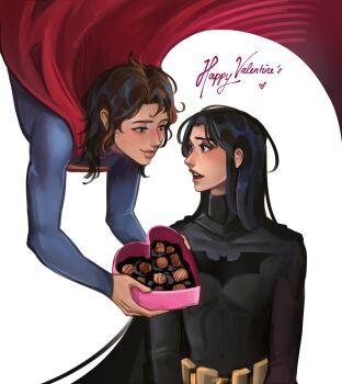 Rule 34 | 2girls, batman, batman (series), black bodysuit, black cape, black hair, blue bodysuit, blue eyes, bodysuit, box, box of chocolates, bruce wayne, cape, chocolate, clark kent, commentary, crybanana77, dc comics, english commentary, flying, genderswap, genderswap (mtf), giving, happy valentine, heart-shaped box, highres, holding, holding box, long hair, multiple girls, open mouth, red cape, superhero costume, superman, superman (series), valentine, yuri