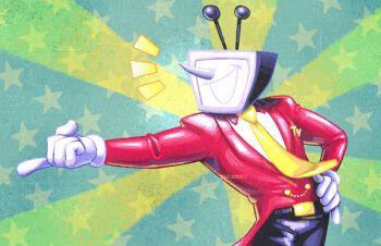 1boy ant_tenna artist_name black_pants commentary cowboy_shot deltarune english_commentary gloves hand_on_own_hip jacket male_focus necktie notice_lines object_head outstretched_arm pants pointing pointing_to_the_side pointy_nose red_jacket smile star_(symbol) utdr_(toby_fox) white_gloves yellow_necktie zubzooks