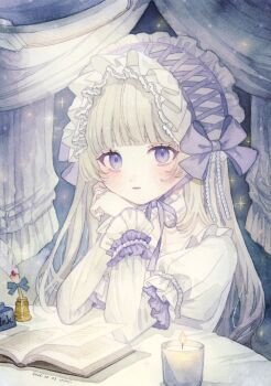 1girl blonde_hair blunt_bangs blush book bow candle chin_strap choker closed_mouth collarbone commentary_request curtains dress elbow_rest elbows_on_table fire frilled_choker frilled_hairband frilled_wrist_cuffs frills hairband hands_on_own_face hands_up head_rest highres indoors ink inkwell juliet_sleeves lolita_fashion lolita_hairband long_hair long_sleeves looking_at_viewer original puffy_sleeves purple_bow purple_eyes purple_ribbon purple_wrist_cuffs quill ribbon ribbon-trimmed_hairband solo table uni_(setsuna_gumi39) very_long_hair white_choker white_dress white_hairband wrist_cuffs