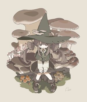 1girl aida_(aidia) bolo_tie brown_eyes brown_hair brown_shoes brown_skirt capelet closed_mouth commentary_request cross-shaped_pupils dot_nose footwear_ribbon full_body green_capelet green_hat hair_ribbon hat highres holding holding_staff multi-tied_hair mushroom mushroom_on_head original puffy_short_sleeves puffy_sleeves ribbon shirt shoes short_sleeves signature sitting skirt sleeves_past_wrists smile solo staff symbol-shaped_pupils tree_stump twintails white_ribbon white_shirt witch_hat
