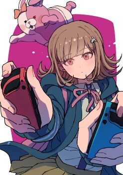 1girl absurdres bow breasts brown_hair collared_shirt controller danganronpa_(series) danganronpa_2:_goodbye_despair diaper ear_bow flipped_hair game_controller hair_ornament highres holding holding_controller holding_game_controller hood jacket long_sleeves looking_at_viewer medium_hair monomi_(danganronpa) nanami_chiaki nintendo_switch_pro_controller open_clothes open_jacket pink_eyes pink_ribbon red_background ribbon shirt skirt white_background white_shirt youko-shima