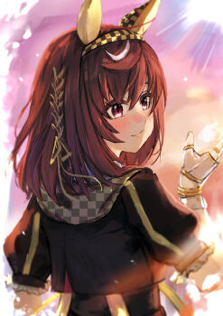 1girl absurdres animal_ears blush braid brown_hair buena_vista_(heroina_inocente)_(umamusume) buena_vista_(umamusume) closed_mouth commentary_request hair_between_eyes hair_ornament hairband highres horse_ears horse_girl lens_flare portrait purple_eyes smile solo umamusume x_1031_xter