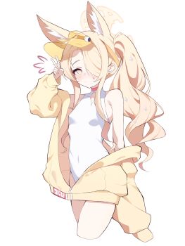 1girl animal_ears blonde_hair blue_archive breasts cardcat_00 hair_over_one_eye halo highres jacket long_hair one-piece_swimsuit seia_(blue_archive) seia_(swimsuit)_(blue_archive) simple_background small_breasts solo swimsuit visor_cap white_background white_one-piece_swimsuit yellow_jacket