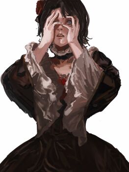 1other androgynous ashashio beatrice_(umineko) beatrice_(umineko)_(cosplay) blue_eyes brown_hair choker colored_sclera cosplay despair dress flower frilled_choker frills hair_flower hair_ornament hand_over_eye hands_on_own_face highres long_sleeves open_mouth red_flower red_pupils red_rose red_sclera rose short_hair spoilers teeth umineko_no_naku_koro_ni upper_teeth_only white_background yasu_(umineko)